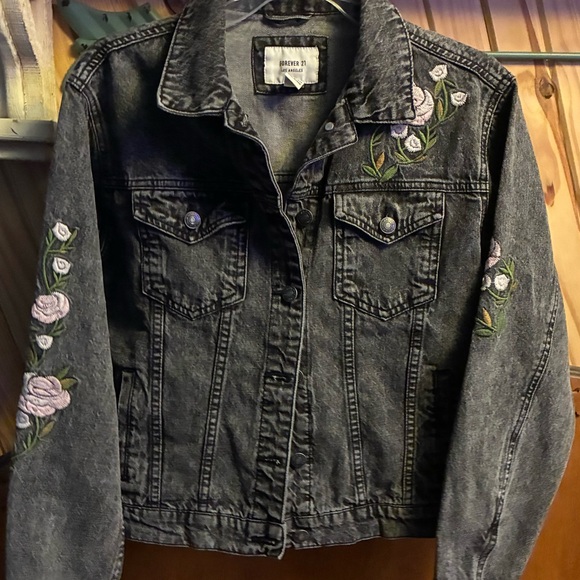 Forever 21 Jackets & Blazers - Forever 21 Gray Denim Jacket with Floral Embroidery